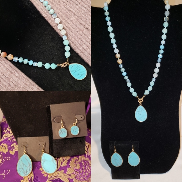 🆕️BEAUTIFUL Aqua died Howlite & sandstone necklace set - Picture 3 of 4